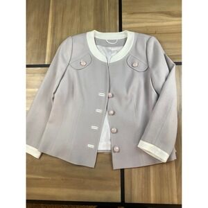 ALGO Designer Light Gray Textured Blazer Jacket Button Front Pearl Detail Women